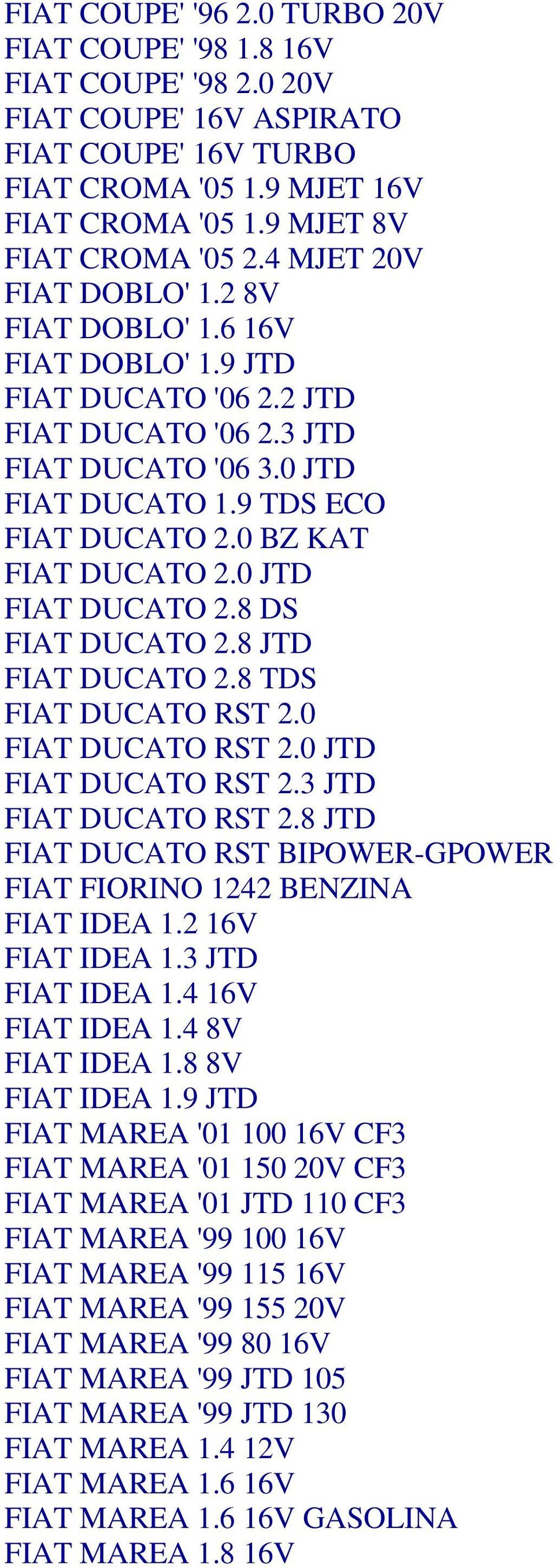 0 BZ KAT FIAT DUCATO 2.0 JTD FIAT DUCATO 2.8 DS FIAT DUCATO 2.8 JTD FIAT DUCATO 2.8 TDS FIAT DUCATO RST 2.0 FIAT DUCATO RST 2.0 JTD FIAT DUCATO RST 2.3 JTD FIAT DUCATO RST 2.