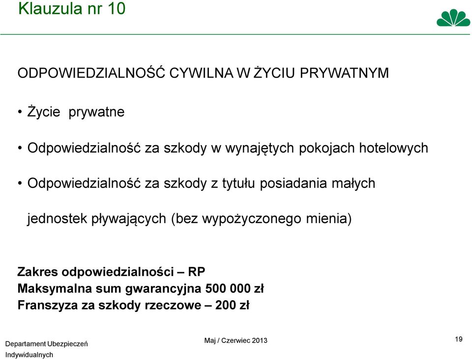 małych jednostek pływających (bez wypożyczonego mienia) Zakres odpowiedzialności RP