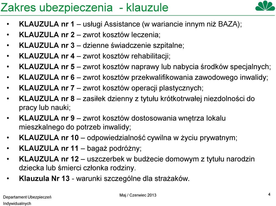 plastycznych; KLAUZULA nr 8 zasiłek dzienny z tytułu krótkotrwałej niezdolności do pracy lub nauki; KLAUZULA nr 9 zwrot kosztów dostosowania wnętrza lokalu mieszkalnego do potrzeb inwalidy; KLAUZULA