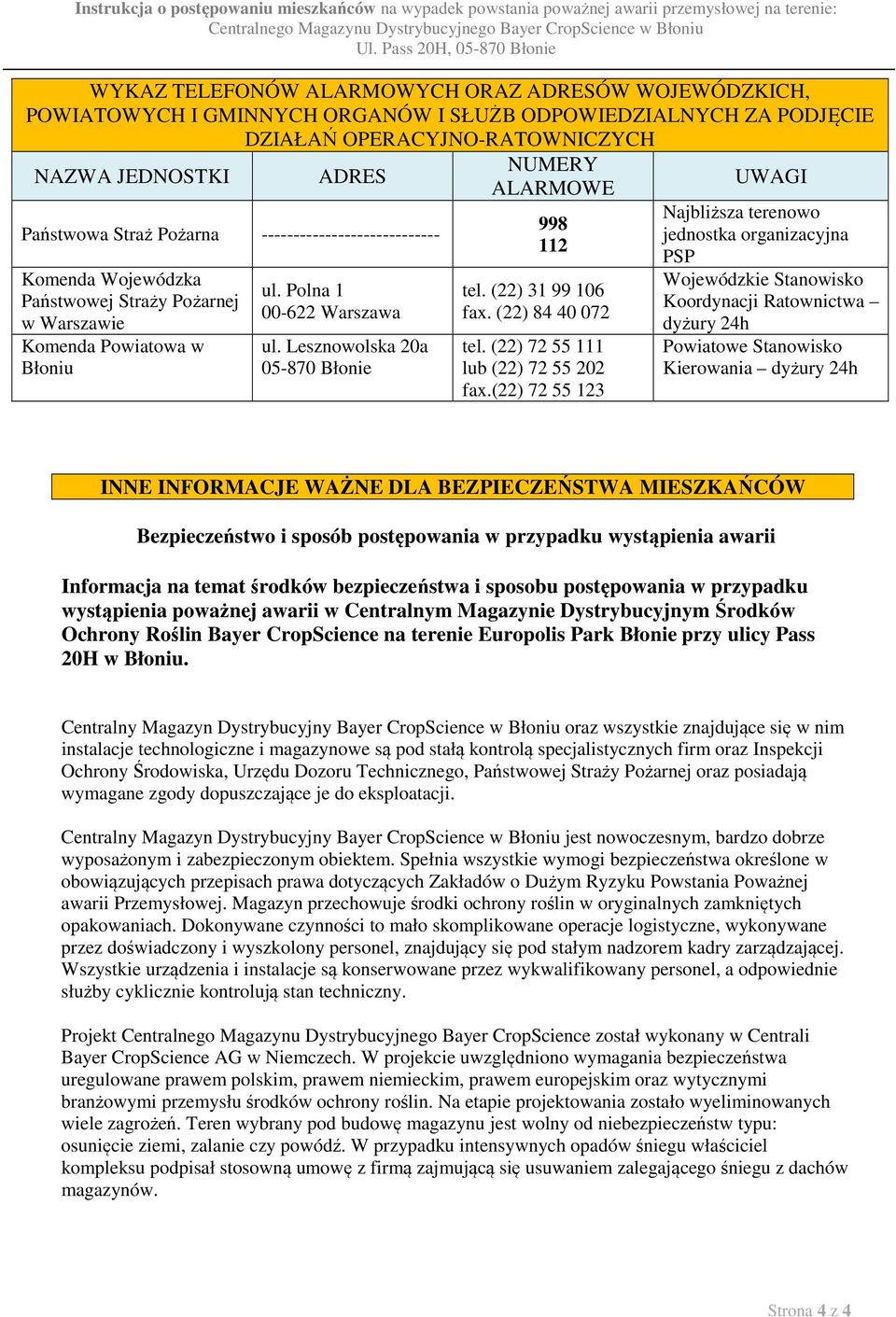 Lesznowolska 20a 05-870 Błonie NUMERY ALARMOWE 998 112 tel. (22) 31 99 106 fax. (22) 84 40 072 tel. (22) 72 55 111 lub (22) 72 55 202 fax.