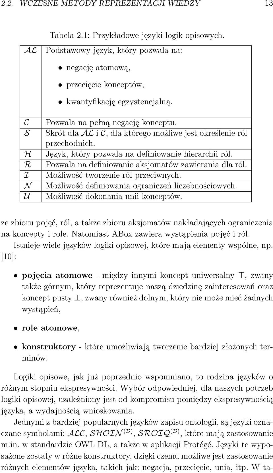 Pozwala na definiowanie aksjomatów zawierania dla ról. Możliwość tworzenie ról przeciwnych. Możliwość definiowania ograniczeń liczebnościowych. Możliwość dokonania unii konceptów.