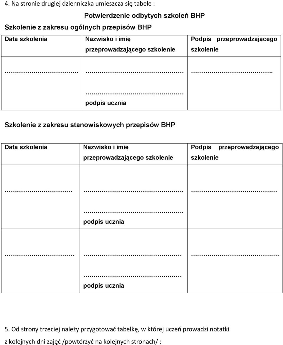 podpis ucznia Szkolenie z zakresu stanowiskowych przepisów BHP Data szkolenia Nazwisko i imię przeprowadzającego szkolenie Podpis szkolenie