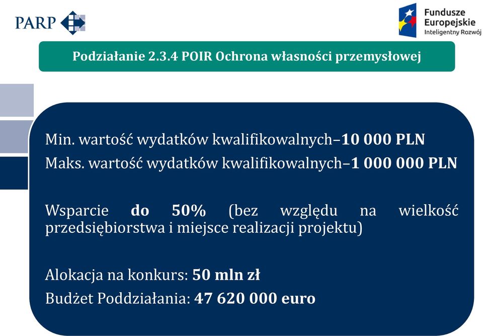 wartość wydatków kwalifikowalnych 1 000 000 PLN Wsparcie do 50% (bez względu