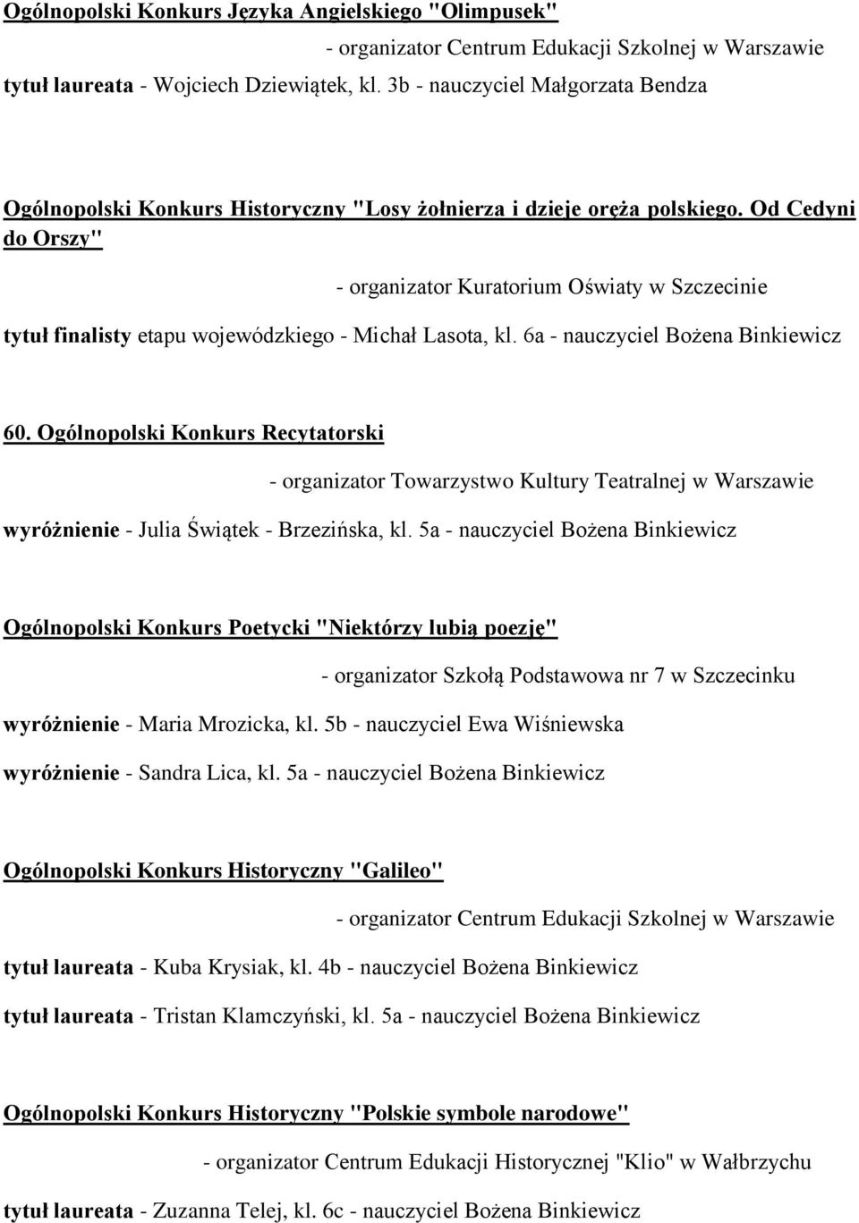 Od Cedyni do Orszy" - organizator Kuratorium Oświaty w Szczecinie tytuł finalisty etapu wojewódzkiego - Michał Lasota, kl. 6a - nauczyciel Bożena Binkiewicz 60.
