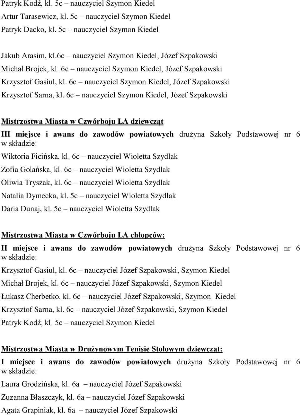 6c nauczyciel Szymon Kiedel, Józef Szpakowski Mistrzostwa Miasta w Czwórboju LA dziewcząt III miejsce i awans do zawodów powiatowych drużyna Szkoły Podstawowej nr 6 Wiktoria Ficińska, kl.
