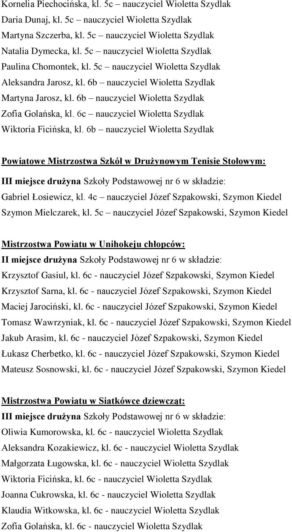 6b nauczyciel Wioletta Szydlak Zofia Golańska, kl. 6c nauczyciel Wioletta Szydlak Wiktoria Ficińska, kl.