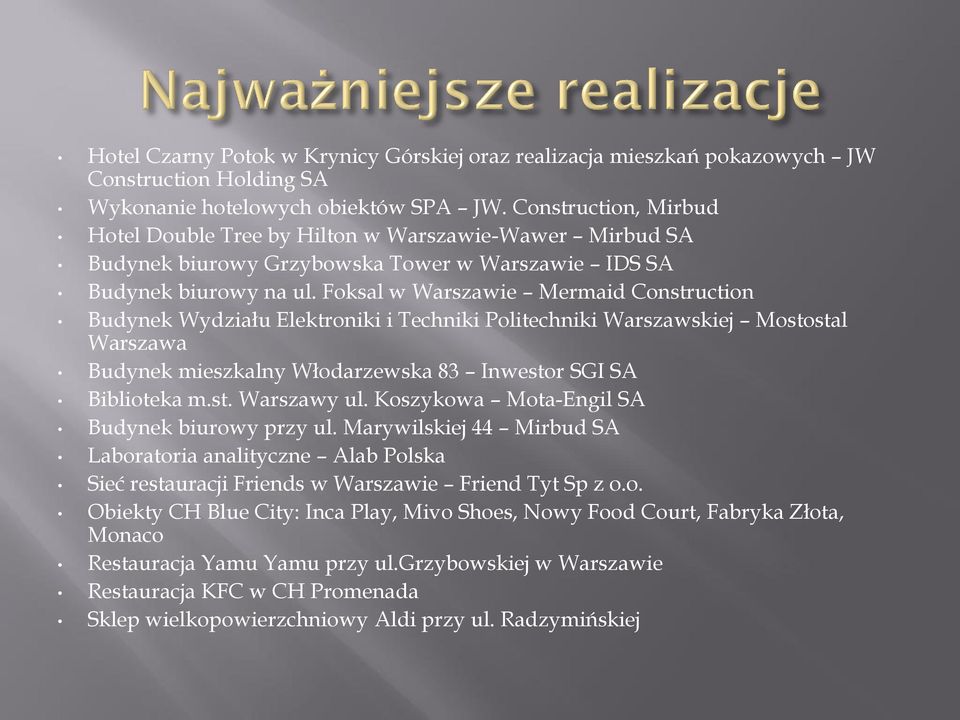 Foksal w Warszawie Mermaid Construction Budynek Wydziału Elektroniki i Techniki Politechniki Warszawskiej Mostostal Warszawa Budynek mieszkalny Włodarzewska 83 Inwestor SGI SA Biblioteka m.st. Warszawy ul.