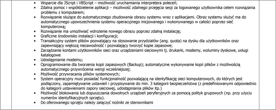 Obraz systemu służyć ma do automatycznego upowszechnienia systemu operacyjnego inicjowanego i wykonywanego w całości poprzez sieć komputerową; Rozwiązanie ma umożliwiać wdrożenie nowego obrazu