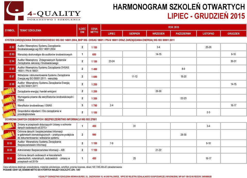 Zintegrowanych Systemów Zarządzania Jakością i Środowiskowego Auditor Wewnętrzny Systemu Zarządzania OHSAS 18001 / PN-N 18001 Wdrażanie i dokumentowanie Systemu Zarządzania Energią wg ISO 50001:2011