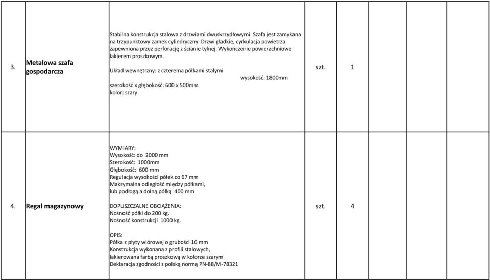 1 wysokość: 1800mm szerokość x głębokość: 600 x 500mm kolor: szary WYMIARY: Wysokość: do 2000 mm Szerokość: 1000mm Głębokość: 600 mm Regulacja wysokości półek co 67 mm Maksymalna odległość między