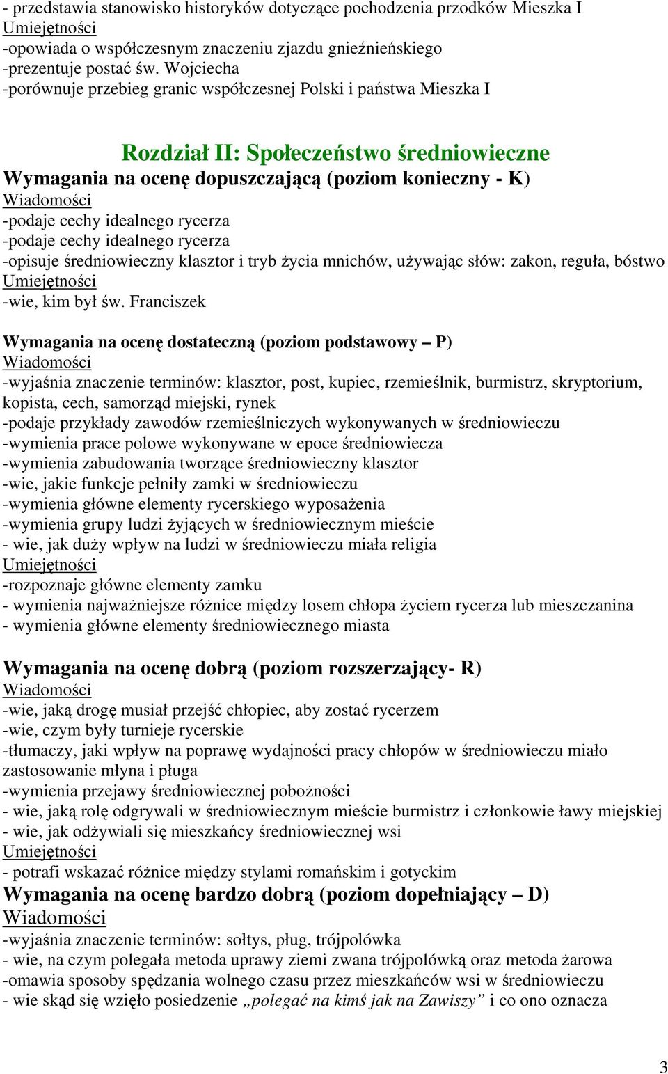 rycerza -podaje cechy idealnego rycerza -opisuje średniowieczny klasztor i tryb życia mnichów, używając słów: zakon, reguła, bóstwo -wie, kim był św.