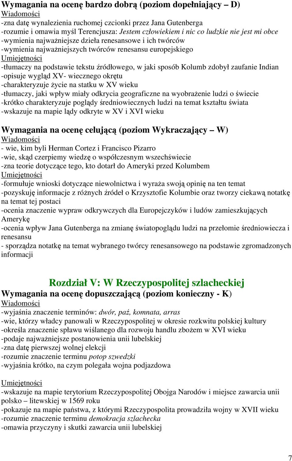 zaufanie Indian -opisuje wygląd XV- wiecznego okrętu -charakteryzuje życie na statku w XV wieku -tłumaczy, jaki wpływ miały odkrycia geograficzne na wyobrażenie ludzi o świecie -krótko charakteryzuje