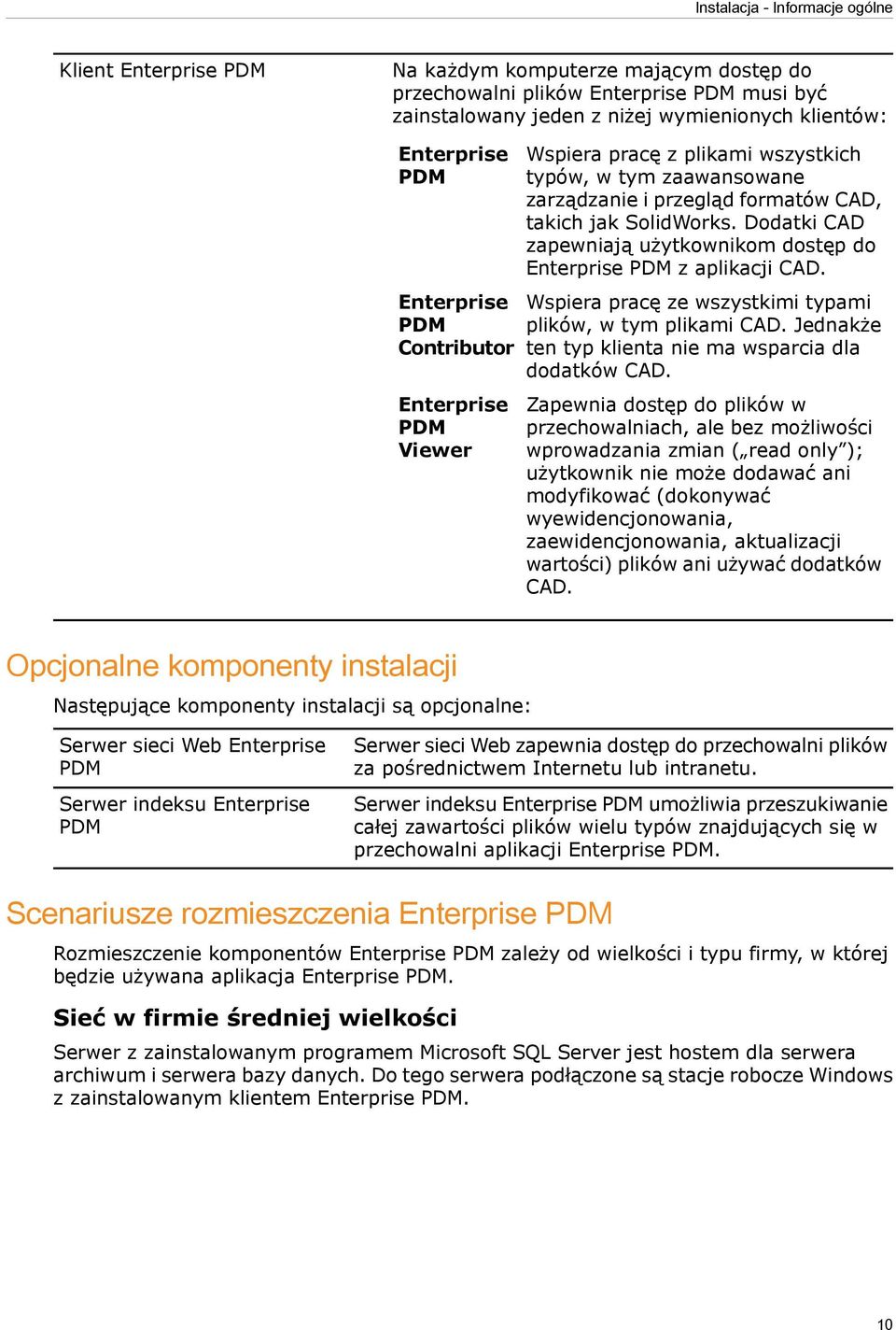 Dodatki CAD zapewniają użytkownikom dostęp do Enterprise PDM z aplikacji CAD. Wspiera pracę ze wszystkimi typami plików, w tym plikami CAD. Jednakże ten typ klienta nie ma wsparcia dla dodatków CAD.