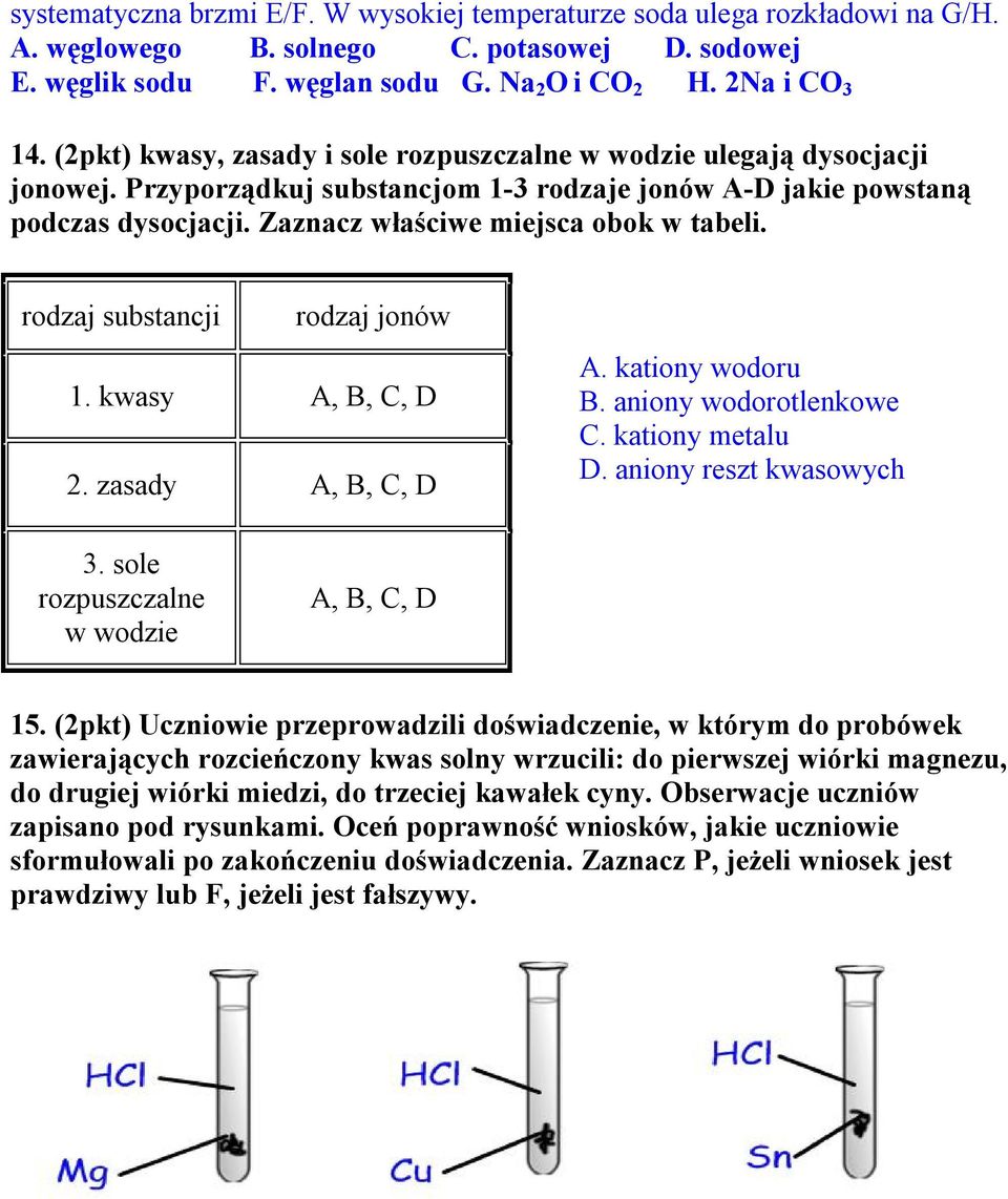 Zaznacz właściwe miejsca obok w tabeli. rodzaj substancji rodzaj jonów 1. kwasy A, B, C, D 2. zasady A, B, C, D A. kationy wodoru B. aniony wodorotlenkowe C. kationy metalu D.