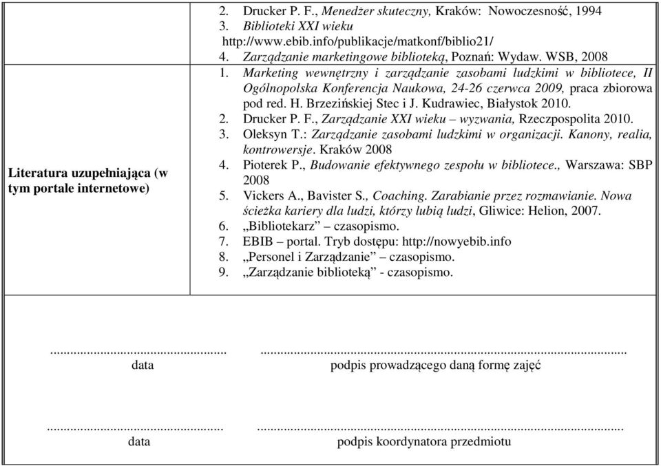 Marketing wewnętrzny i zarządzanie zasobami ludzkimi w bibliotece, II Ogólnopolska Konferencja Naukowa, 24-26 czerwca 2009, praca zbiorowa pod red. H. Brzezińskiej Stec i J. Kudrawiec, Białystok 2010.