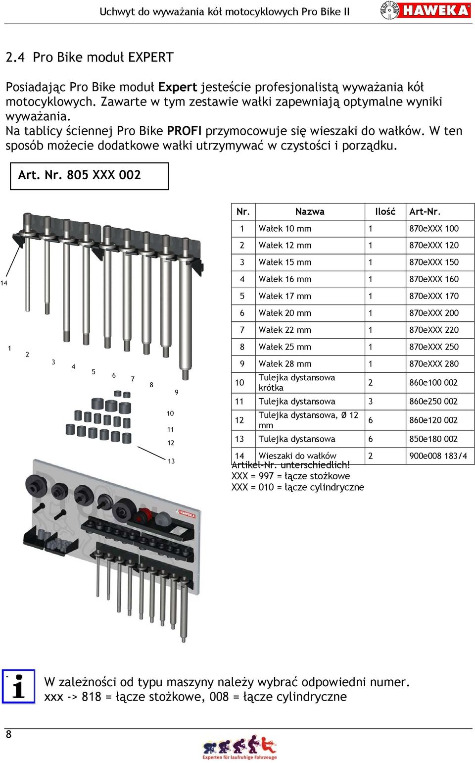 1 Wałek 10 mm 1 870eXXX 100 2 Wałek 12 mm 1 870eXXX 120 3 Wałek 15 mm 1 870eXXX 150 14 4 Wałek 16 mm 1 870eXXX 160 5 Wałek 17 mm 1 870eXXX 170 6 Wałek 20 mm 1 870eXXX 200 7 Wałek 22 mm 1 870eXXX 220