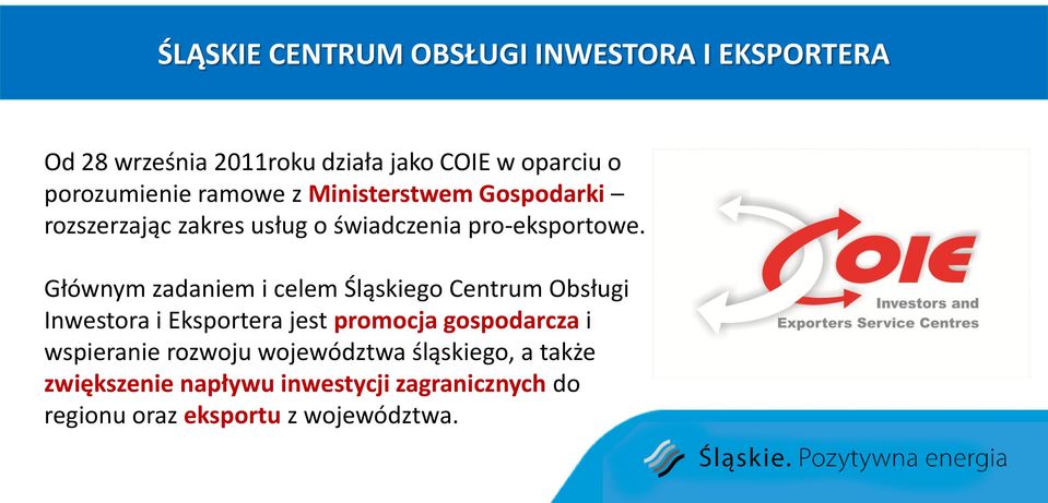 Głównym zadaniem i celem Śląskiego Centrum Obsługi Inwestora i Eksportera jest promocja gospodarcza i