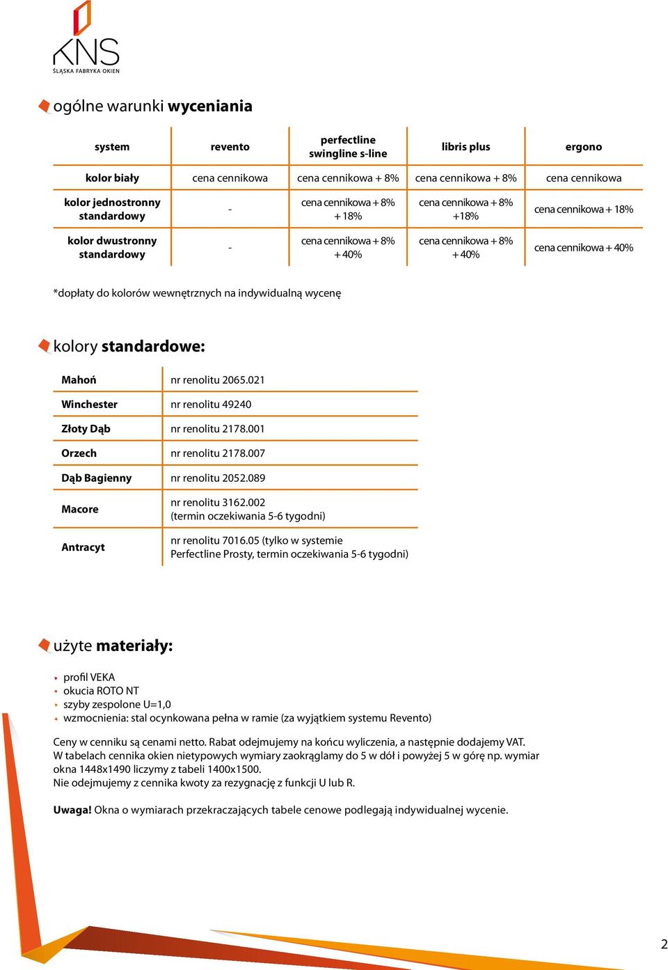 do kolorów wewnętrznych na indywidualną wycenę kolory standardowe: Mahoń nr renolitu 2065.021 Winchester nr renolitu 49240 Złoty Dąb nr renolitu 2178.001 Orzech nr renolitu 2178.