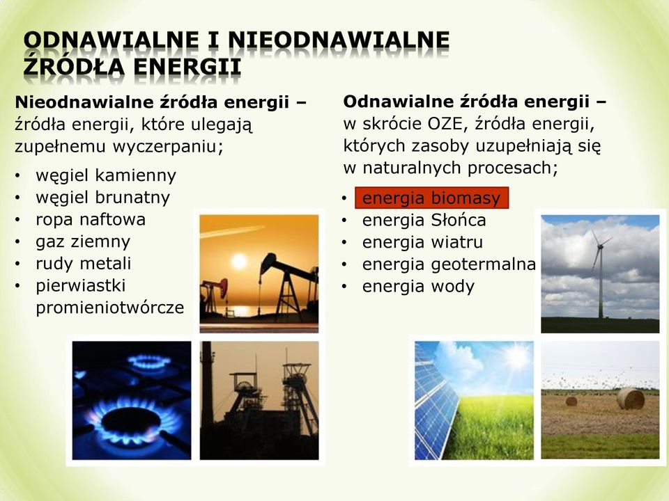 Odnawialne źródła energii w skrócie OZE, źródła energii, których zasoby uzupełniają się w