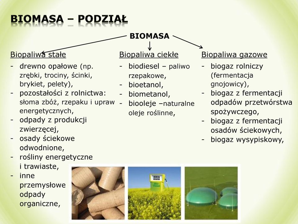 zwierzęcej, - osady ściekowe odwodnione, - rośliny energetyczne i trawiaste, - inne przemysłowe odpady organiczne, BIOMASA Biopaliwa ciekłe -