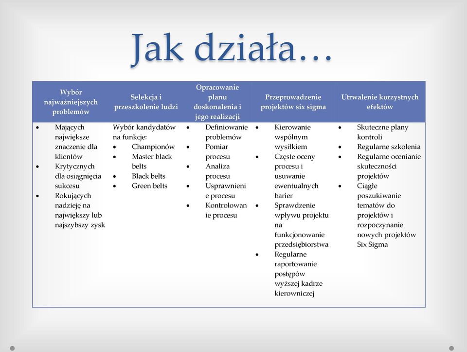 procesu Usprawnieni e procesu Kontrolowan ie procesu Przeprowadzenie projektów six sigma Kierowanie wspólnym wysiłkiem Częste oceny procesu i usuwanie ewentualnych barier Sprawdzenie wpływu projektu