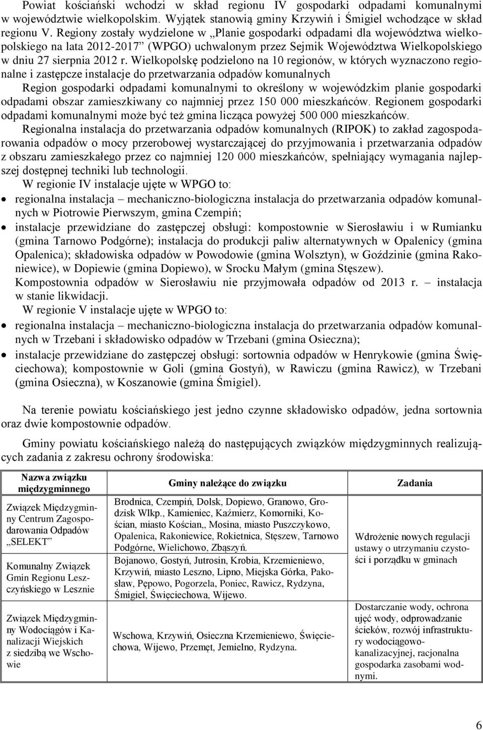 Wielkopolskę podzielono na 10 regionów, w których wyznaczono regionalne i zastępcze instalacje do przetwarzania odpadów komunalnych Region gospodarki odpadami komunalnymi to określony w wojewódzkim