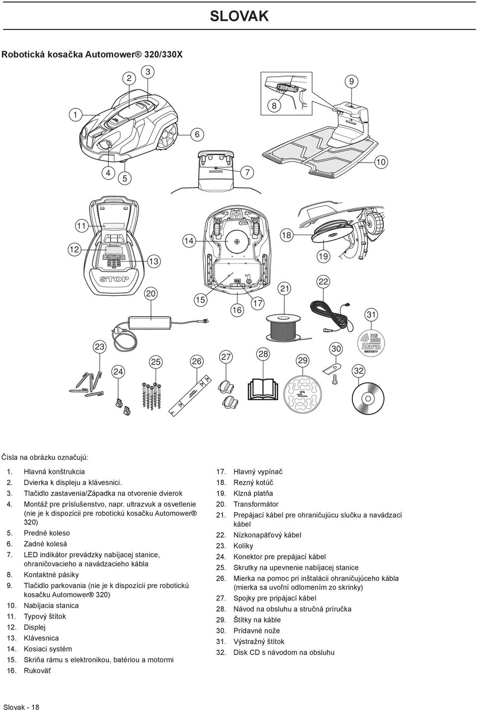 ultrazvuk a osvetlenie (nie je k dispozícii pre robotickú kosačku Automower 320) 5. Predné koleso 6. Zadné kolesá 7. LED indikátor prevádzky nabíjacej stanice, ohraničovacieho a navádzacieho kábla 8.