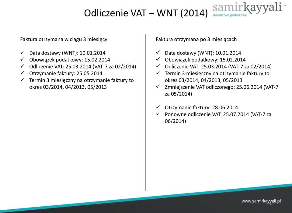 2014 Termin 3 miesięczny na otrzymanie faktury to okres 03/2014, 04/2013, 05/2013 Faktura otrzymana po 3 miesiącach Data dostawy (WNT): 10.01.2014 Obowiązek podatkowy: 15.