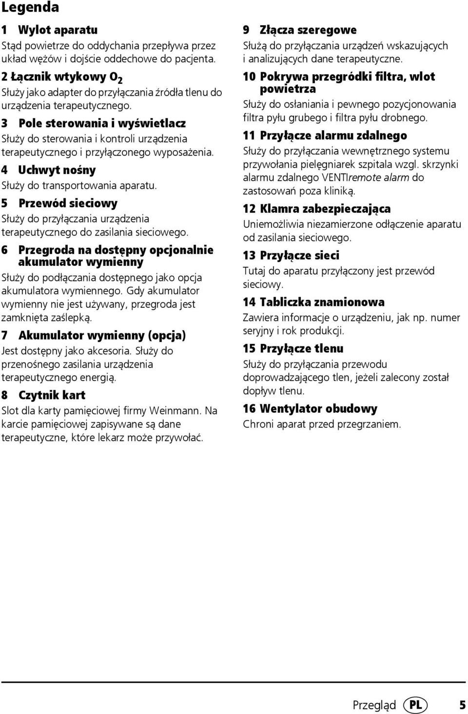 3 Pole sterowania i wyświetlacz Służy do sterowania i kontroli urządzenia terapeutycznego i przyłączonego wyposażenia. 4 Uchwyt nośny Służy do transportowania aparatu.