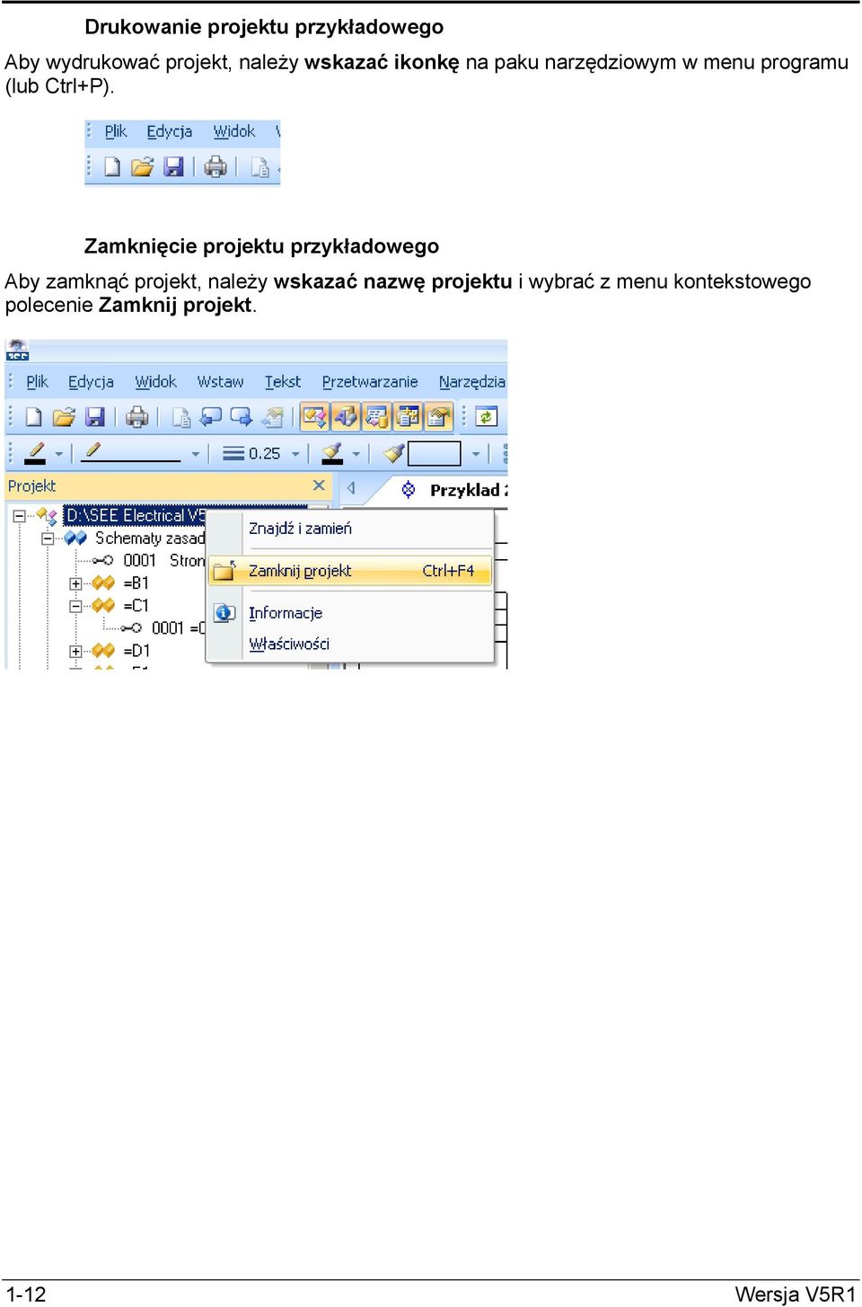 Zamknięcie projektu przykładowego Aby zamknąć projekt, naleŝy wskazać