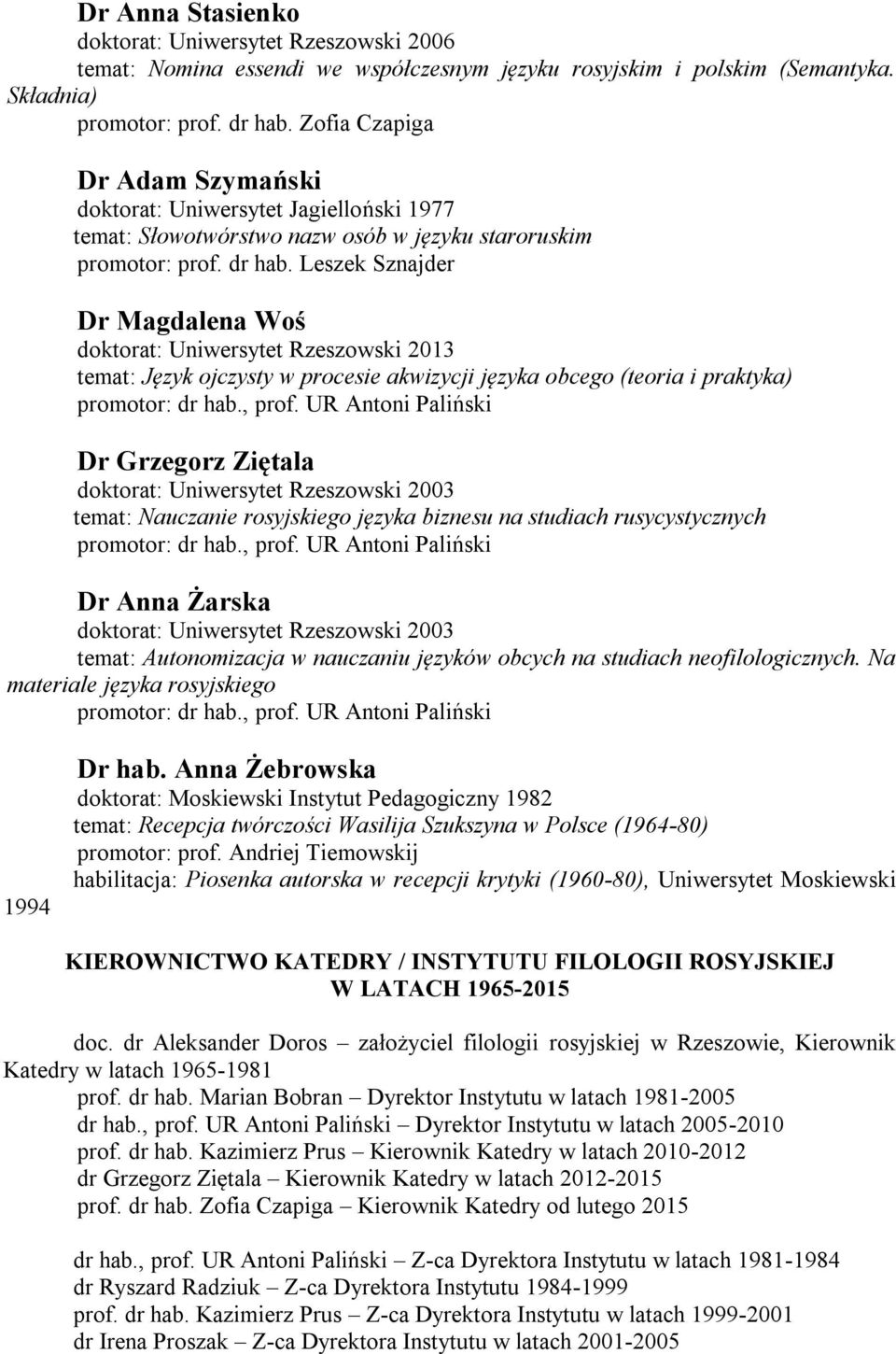 Leszek Sznajder Dr Magdalena Woś doktorat: Uniwersytet Rzeszowski 2013 temat: Język ojczysty w procesie akwizycji języka obcego (teoria i praktyka) promotor: dr hab., prof.