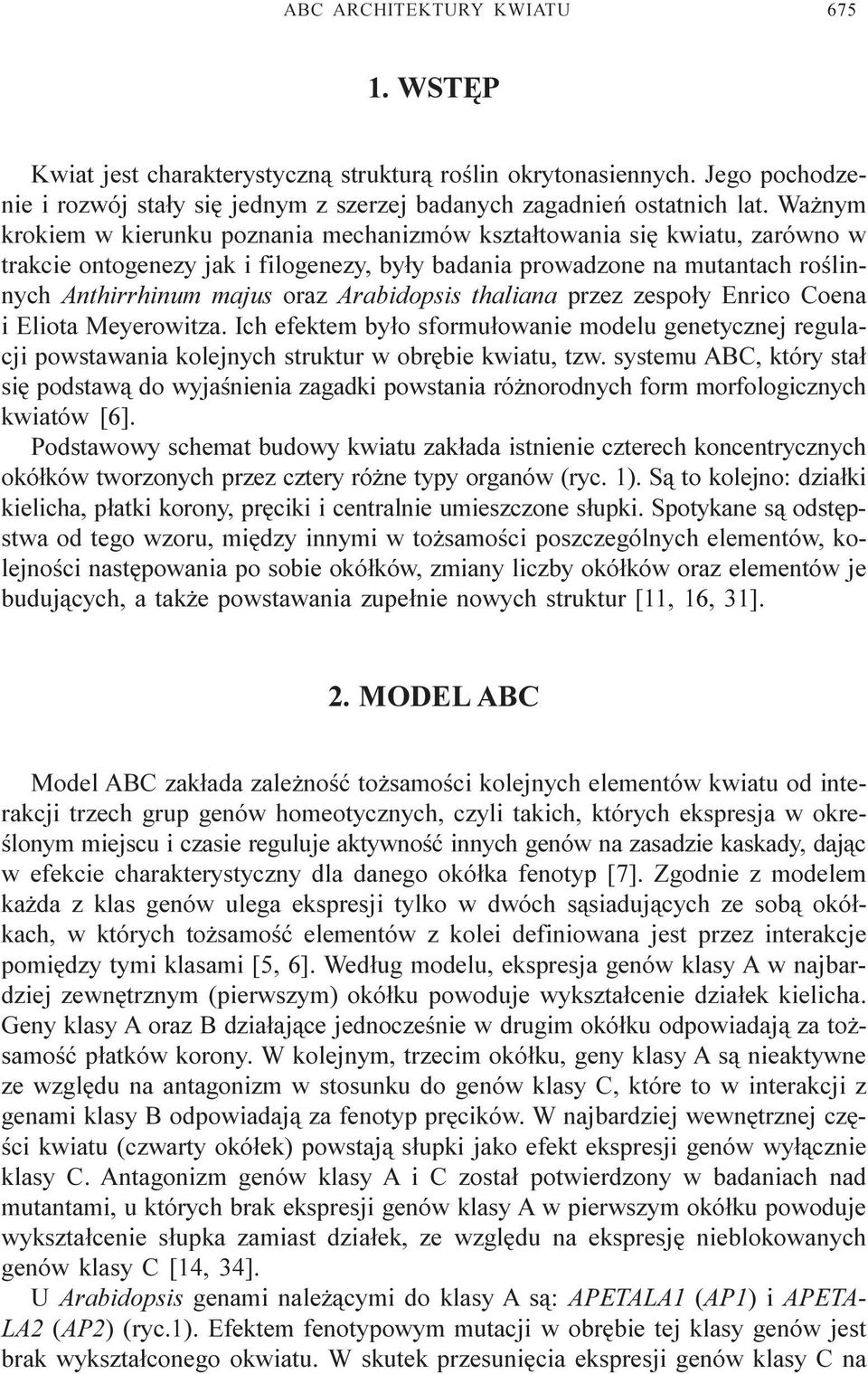 Arabidopsis thaliana przez zespo³y Enrico Coena i Eliota Meyerowitza. Ich efektem by³o sformu³owanie modelu genetycznej regulacji powstawania kolejnych struktur w obrêbie kwiatu, tzw.