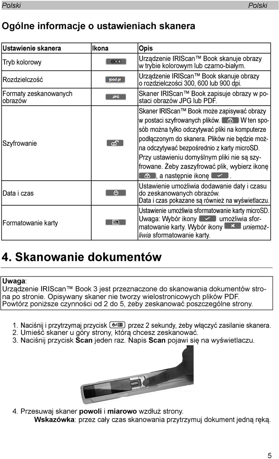 Skanowanie dokumentów Skaner IRIScan Book zapisuje obrazy w postaci obrazów JPG lub PDF. Skaner IRIScan Book może zapisywać obrazy w postaci szyfrowanych plików.