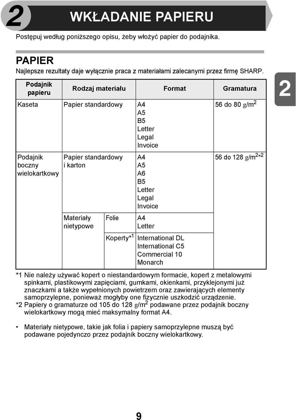 B5 Letter Legal Invoice Materiały nietypowe Folie A Letter Koperty* International DL International C5 Commercial 0 Monarch * Nie należy używać kopert o niestandardowym formacie, kopert z metalowymi