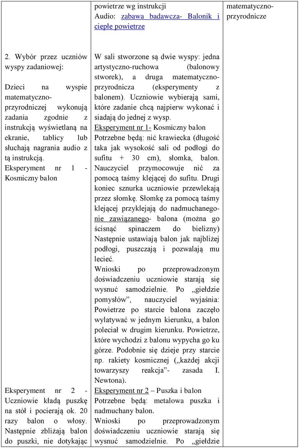 Eksperyment nr 1 - Kosmiczny balon Eksperyment nr 2 - Uczniowie kładą puszkę na stół i pocierają ok. 20 razy balon o włosy.