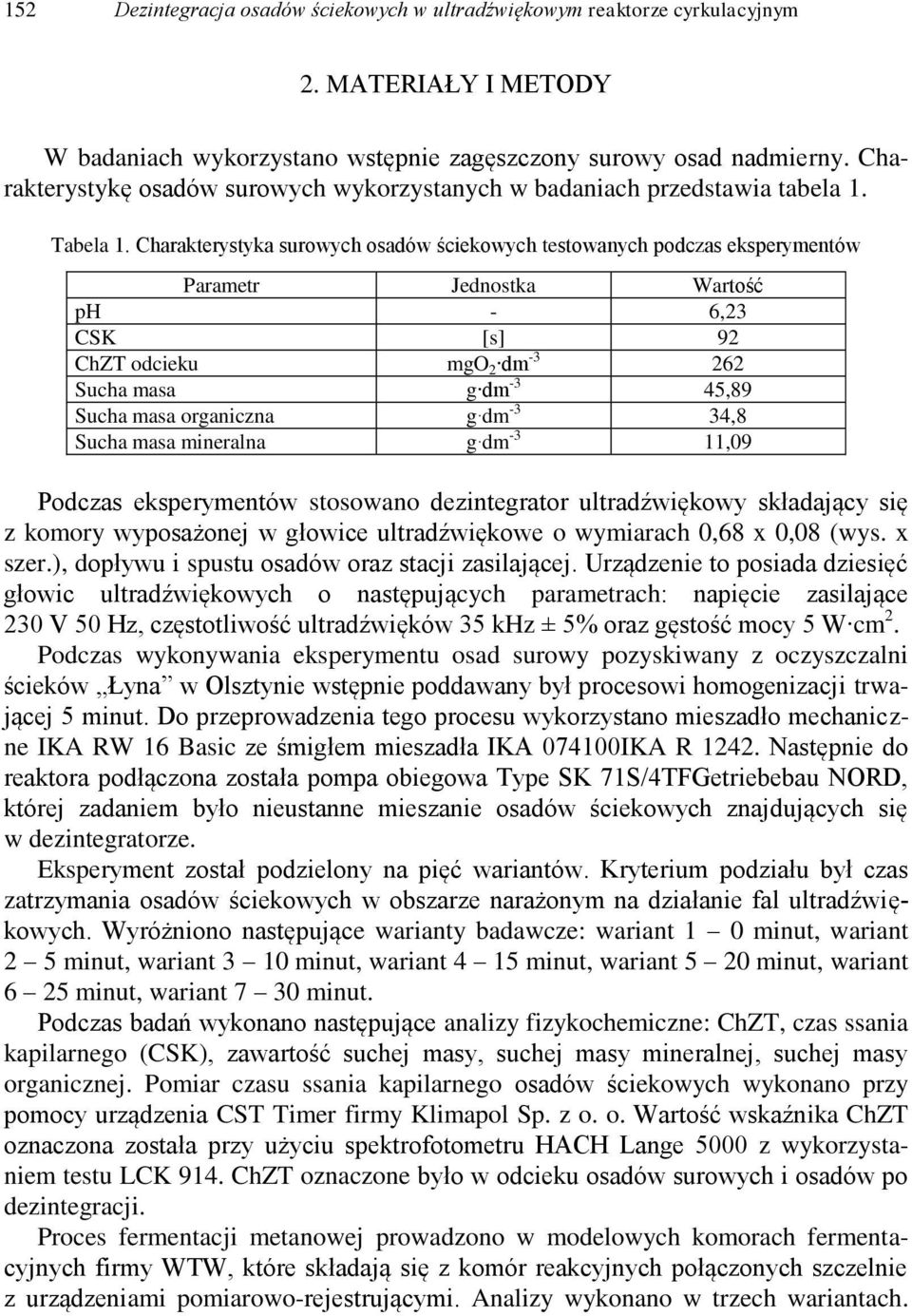 Charakterystyka surowych osadów ściekowych testowanych podczas eksperymentów Parametr Jednostka Wartość ph - 6,23 CSK [s] 92 ChZT odcieku mgo 2 dm -3 262 Sucha masa g dm -3 45,89 Sucha masa