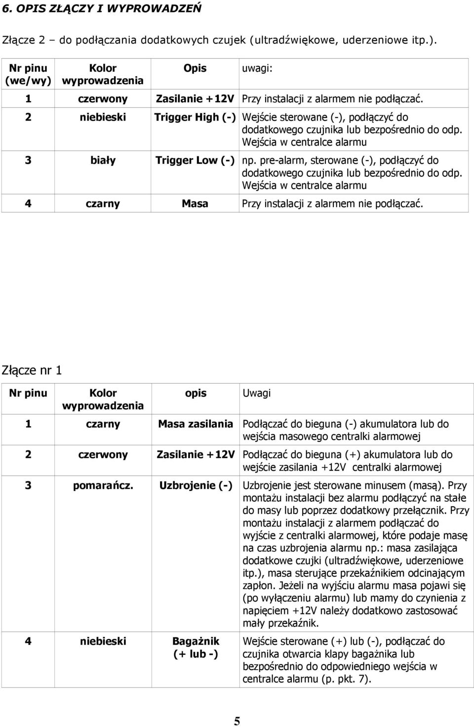 2 niebieski Trigger High (-) Wejście sterowane (-), podłączyć do dodatkowego czujnika lub bezpośrednio do odp. Wejścia w centralce alarmu 3 biały Trigger Low (-) np.