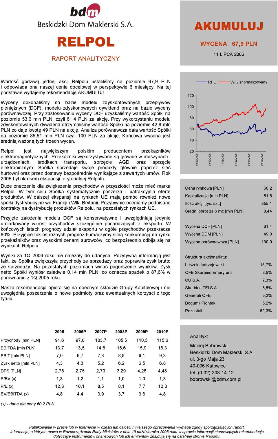 Przy zastosowaniu wyceny DCF uzyskaliśmy wartość Spółki na poziomie 53,6 mln PLN, czyli 61,4 PLN za akcję.