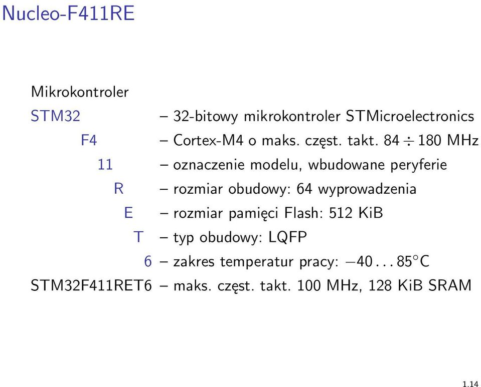 84 180 MHz 11 oznaczenie modelu, wbudowane peryferie R rozmiar obudowy: 64