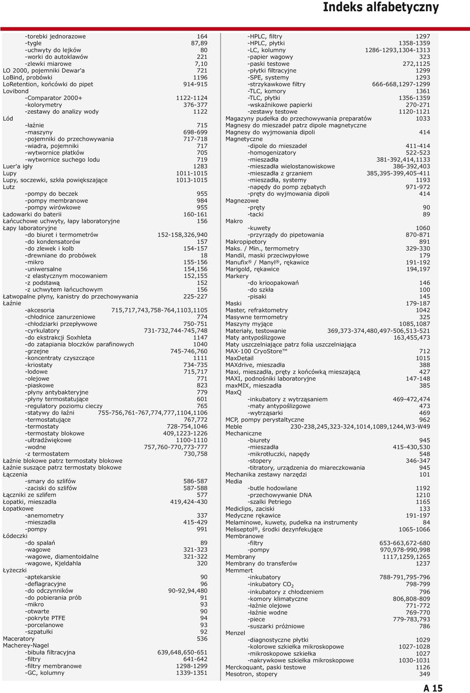 pojemniki 717 -wytwornice płatków 705 -wytwornice suchego lodu 719 Luer'a igły 1283 Lupy 1011-1015 Lupy, soczewki, szkła powiększające 1013-1015 Lutz -pompy do beczek 955 -pompy membranowe 984 -pompy