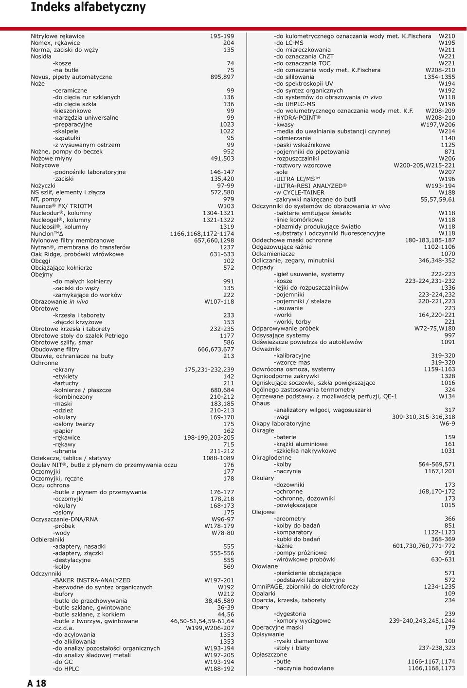 Nożycowe -podnośniki laboratoryjne 146-147 -zaciski 135,420 Nożyczki 97-99 NS szlif, elementy i złącza 572,580 NT, pompy 979 Nuance FX/ TRIOTM W103 Nucleodur, kolumny 1304-1321 Nucleogel, kolumny
