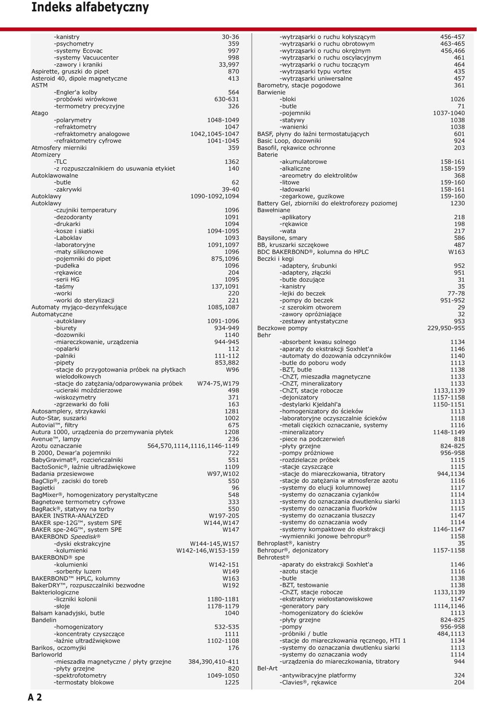 Atmosfery mierniki 359 Atomizery -TLC 1362 -z rozpuszczalnikiem do usuwania etykiet 140 Autoklawowalne -butle 62 -zakrywki 39-40 Autoklawy 1090-1092,1094 Autoklawy -czujniki temperatury 1096