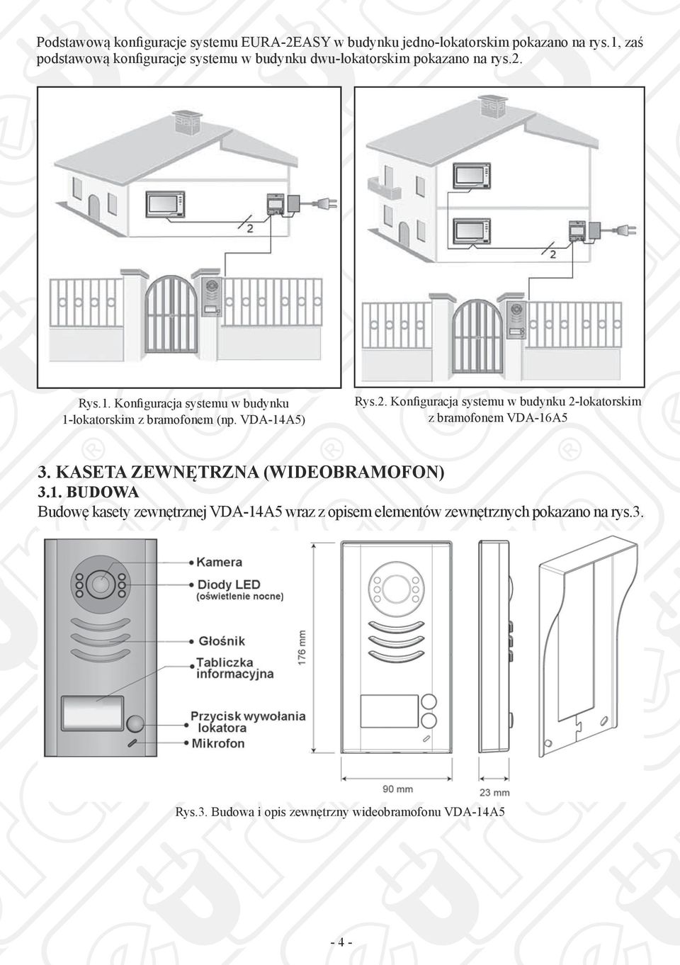 VDA-14A5) Rys.2. Konfiguracja systemu w budynku 2-lokatorskim z bramofonem VDA-16A5 3. KASETA ZEWNĘTRZNA (WIDEOBRAMOFON) 3.1. BUDOWA Budowę kasety zewnętrznej VDA-14A5 wraz z opisem elementów zewnętrznych pokazano na rys.