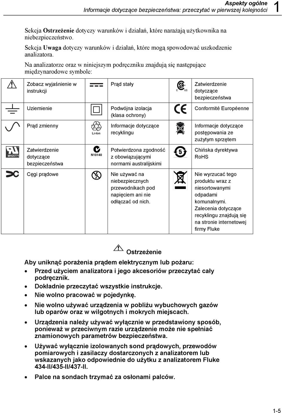 Na analizatorze oraz w niniejszym podręczniku znajdują się następujące międzynarodowe symbole: Zobacz wyjaśnienie w instrukcji Prąd stały Zatwierdzenie dotyczące bezpieczeństwa Uziemienie Podwójna