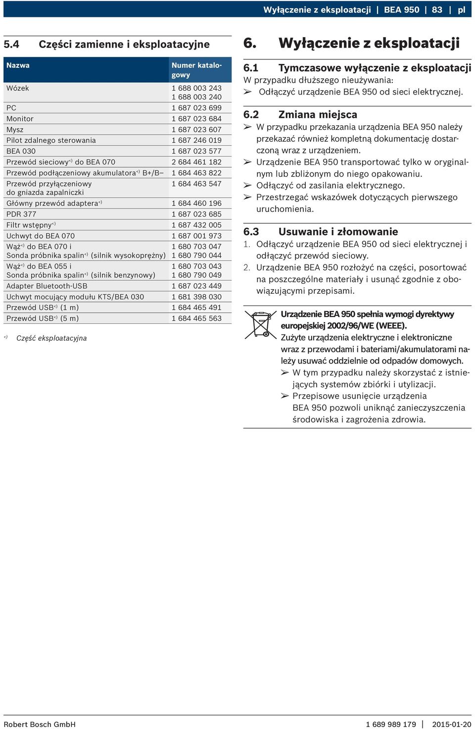 687 023 577 Przewód sieciowy <) do BEA 070 2 684 461 182 Przewód podłączeniowy akumulatora <) B+/B 1 684 463 822 Przewód przyłączeniowy do gniazda zapalniczki 1 684 463 547 Główny przewód adaptera <)