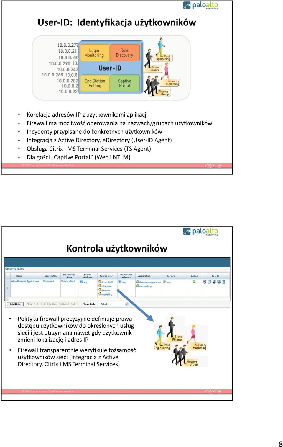 Portal (Web i NTLM) Kontrola użytkowników Polityka firewall precyzyjnie definiuje prawa dostępu użytkowników do określonych usług sieci i jest utrzymana nawet gdy