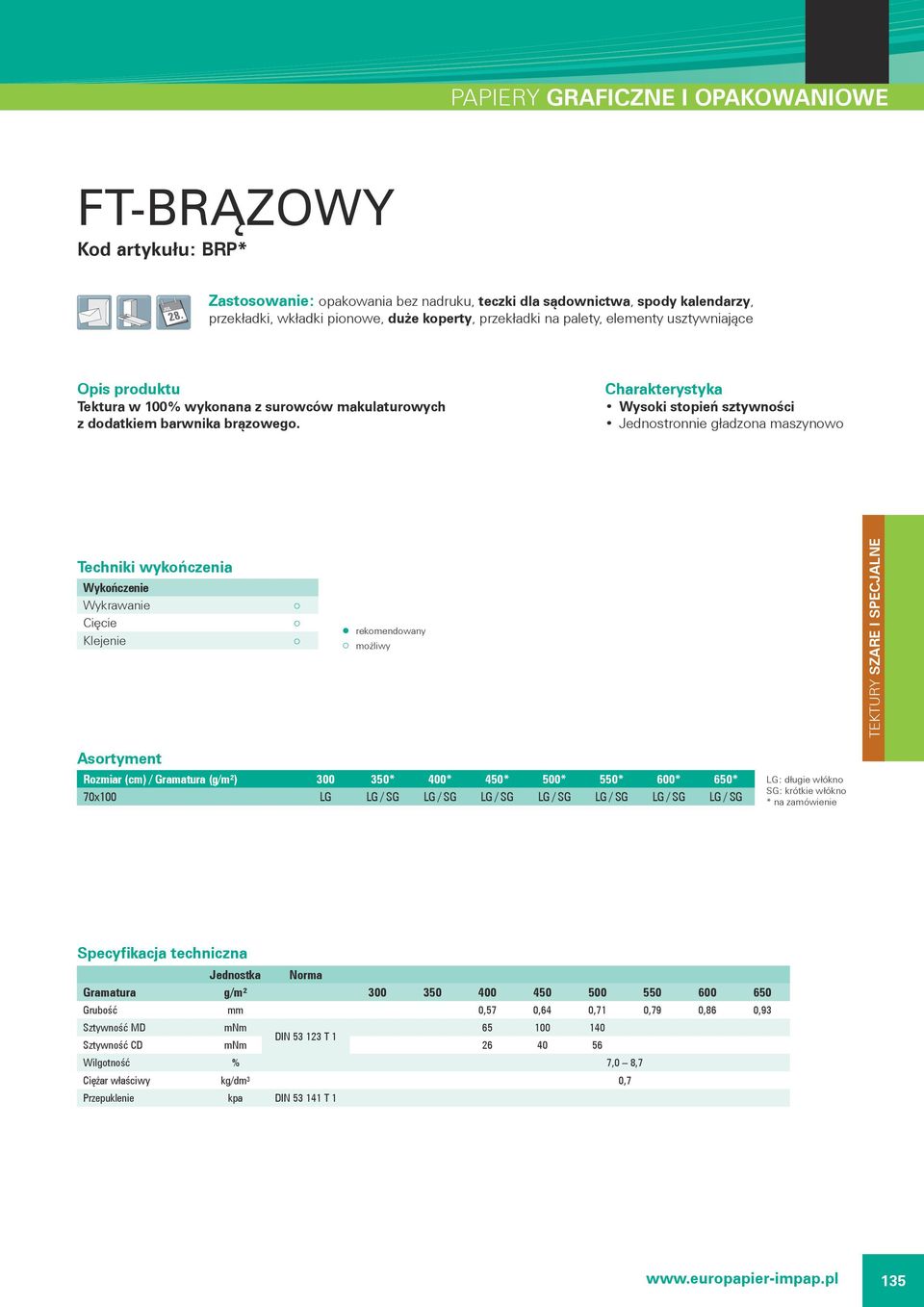 Wysoki stopień sztywności Jednostronnie gładzona maszynowo Wykrawanie Cięcie rekomendowany możliwy Asortyment Rozmiar (cm) / Gramatura (g/m²) 300 350* 400* 450* 500* 550* 600* 650* 70x100 LG LG / SG