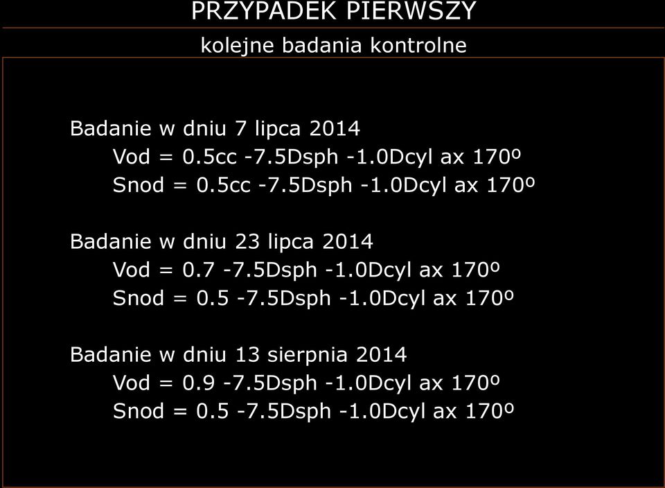 7-7.5Dsph -1.0Dcyl ax 170º Snod = 0.5-7.5Dsph -1.0Dcyl ax 170º Badanie w dniu 13 sierpnia 2014 Vod = 0.