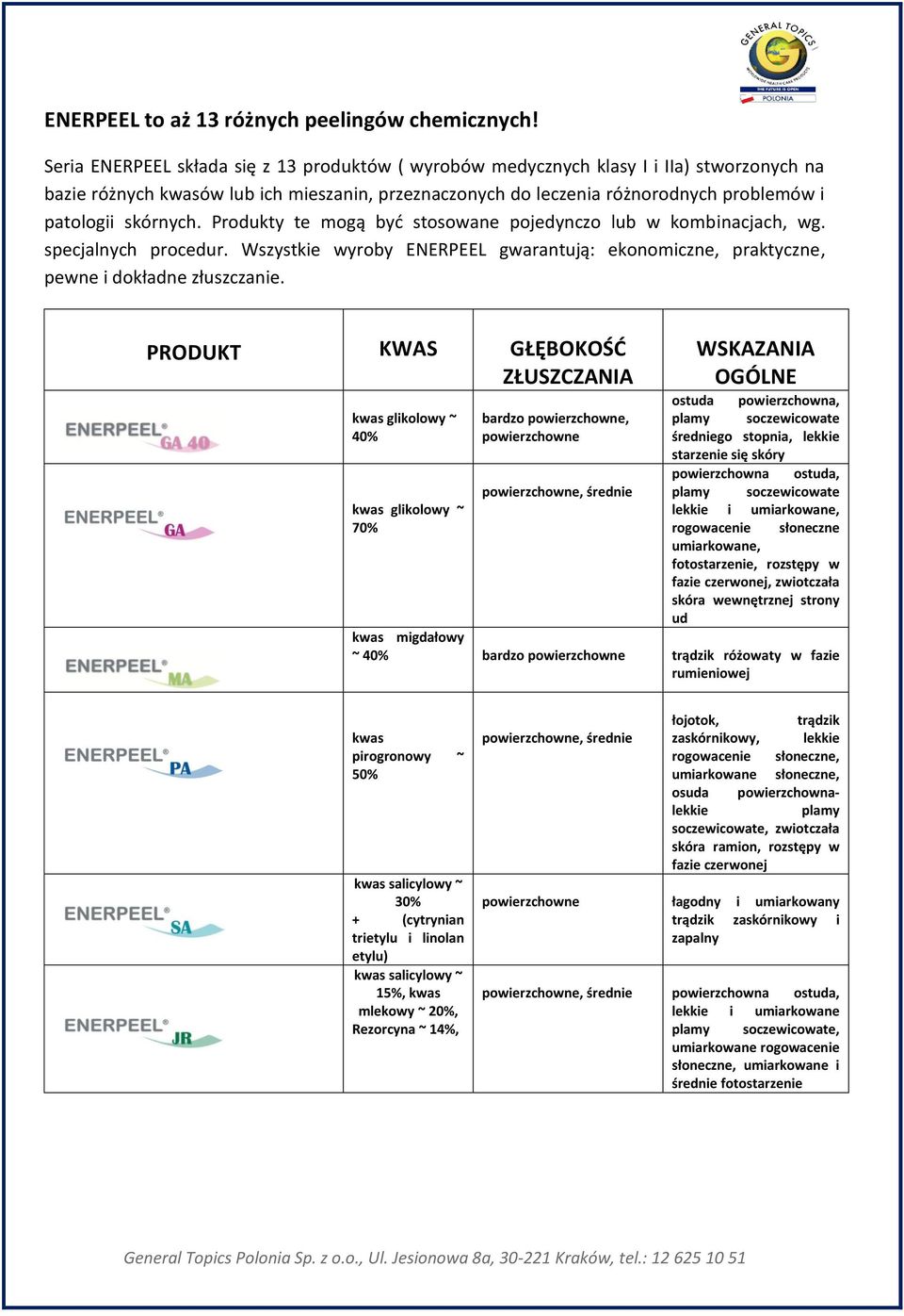 Produkty te mogą być stosowane pojedynczo lub w kombinacjach, wg. specjalnych procedur. Wszystkie wyroby ENERPEEL gwarantują: ekonomiczne, praktyczne, pewne i dokładne złuszczanie.