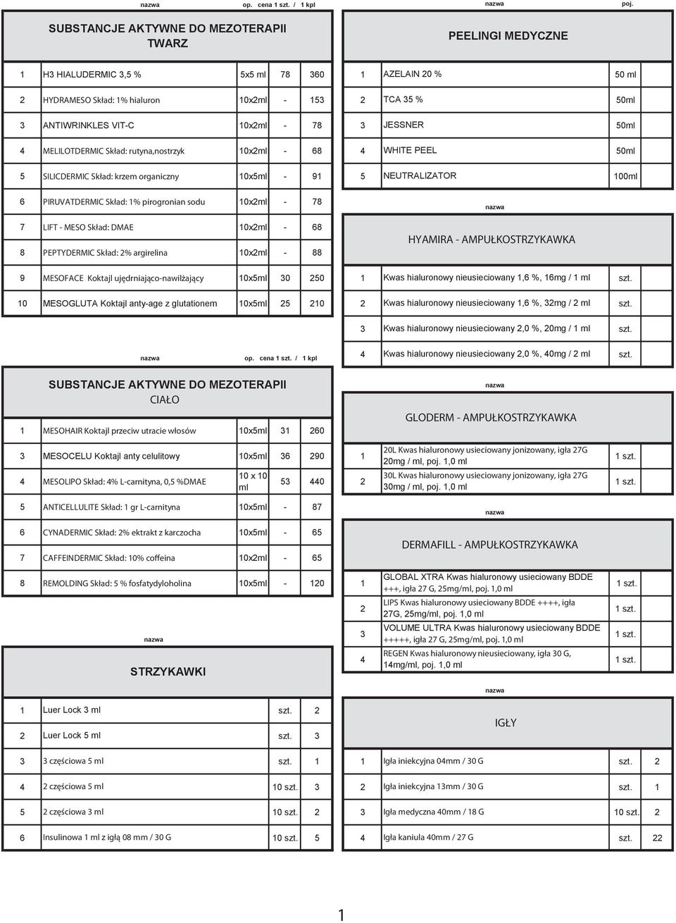 78 3 JESSNER 50ml 4 MELILOTDERMIC Skład: rutyna,nostrzyk 10x2ml - 68 4 WHITE PEEL 50ml 5 SILICDERMIC Skład: krzem organiczny 10x5ml - 91 5 NEUTRALIZATOR 100ml 6 PIRUVATDERMIC Skład: 1% pirogronian